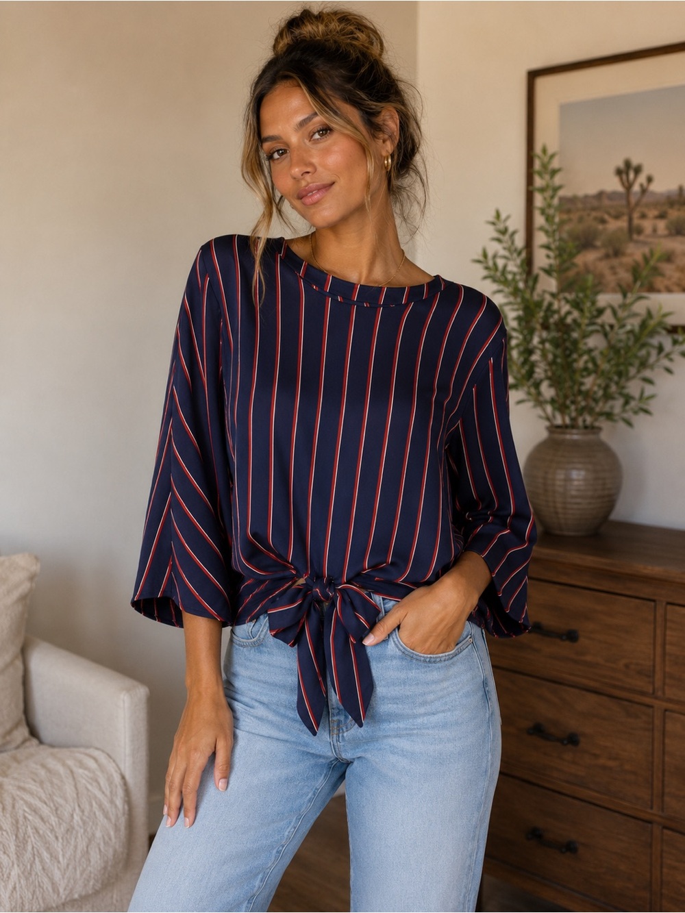 Maurices Navy and Red Striped Blouse with bow front tie accent XXL